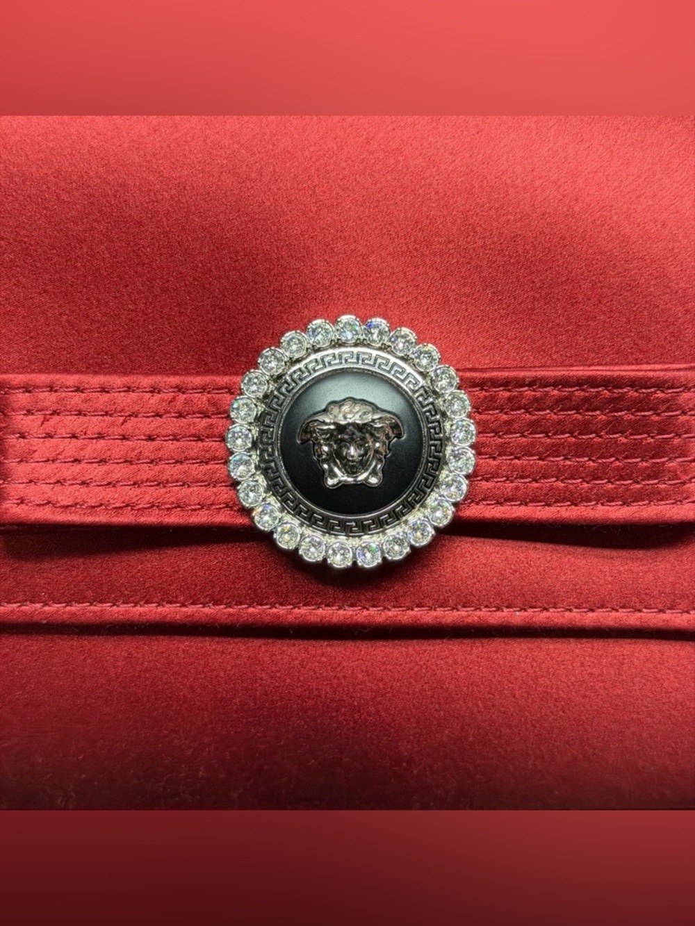 Versace Medusa Crystal Clutch Bag Red Satin Envelope Chain Shoulder Bag Italy - Picture 6 of 10
